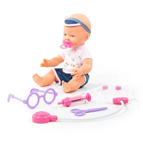 Fröhliche Baby Puppe, 35 cm mit Schnuller und Doktorset, 4 Teile (Box)