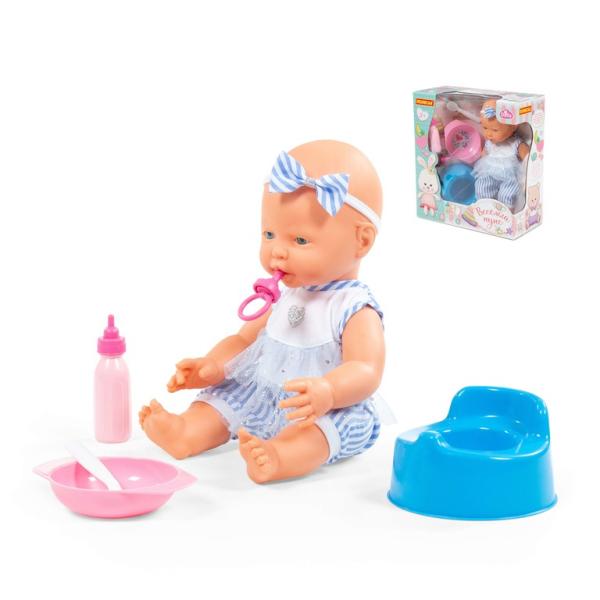 Fröhliche Baby Puppe, 35 cm mit Schnuller und Zubehör, 4 Teile (Box)